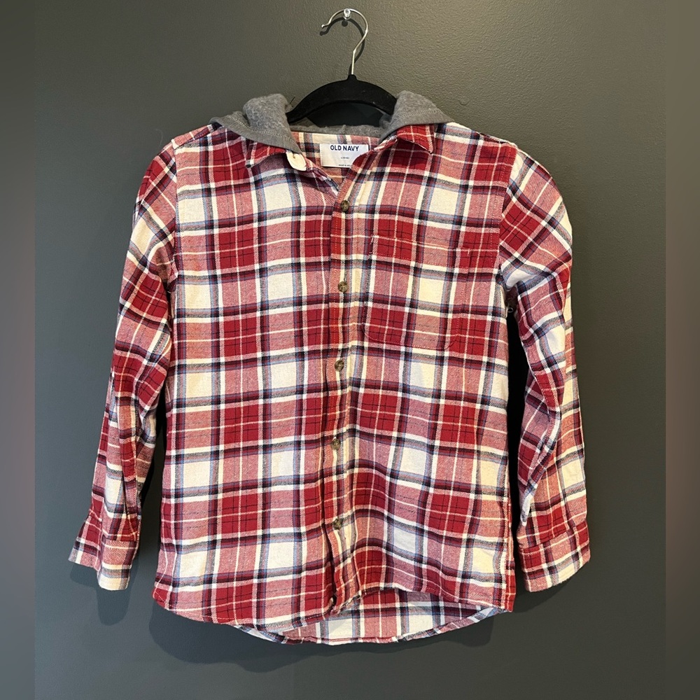 Boys plaid flannel with hood. Size Large 10/12